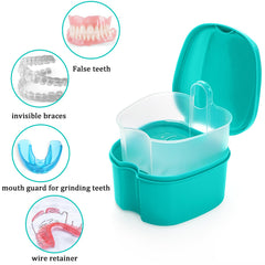 Denture case with strainer basket and soaking container
