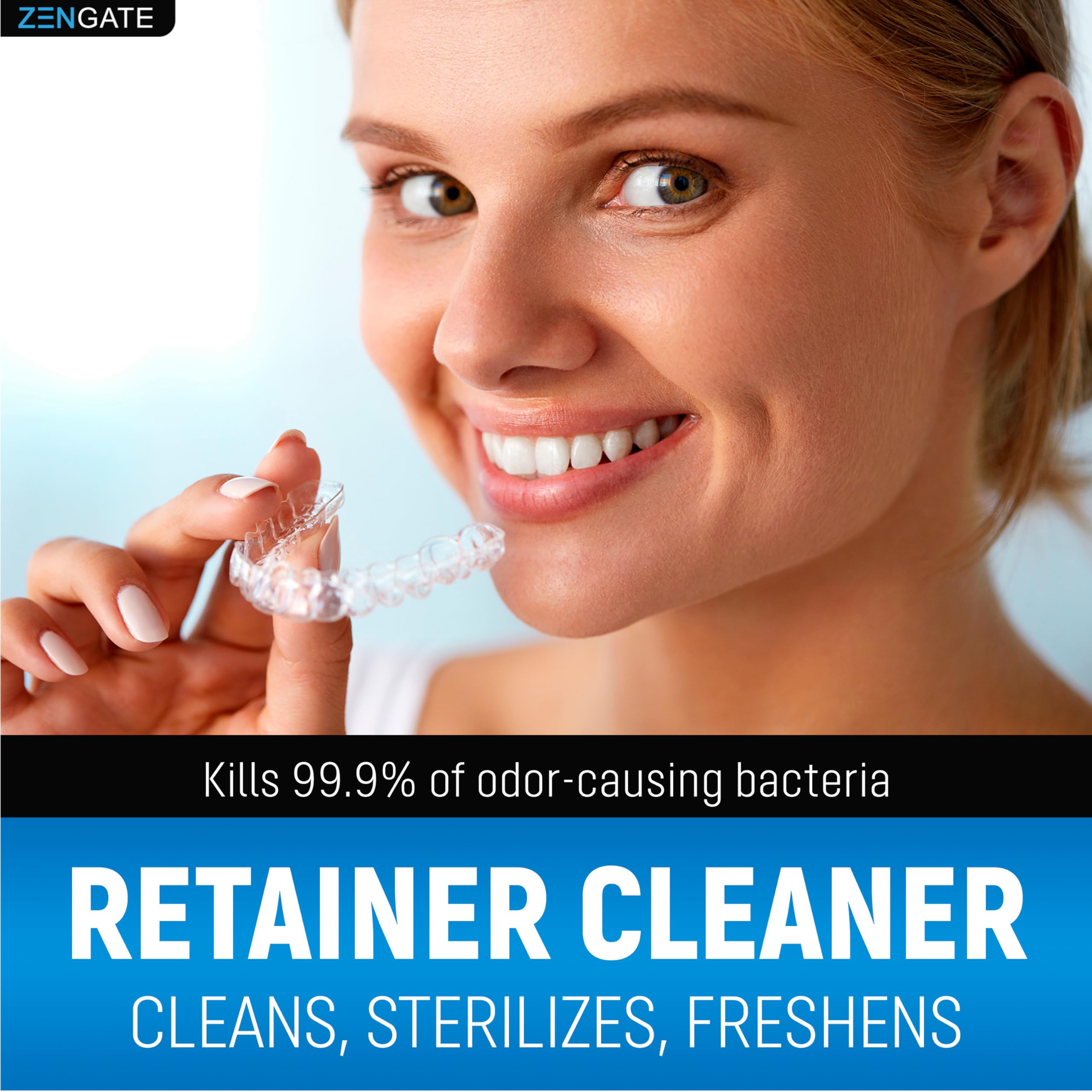 Close-up of ZENGATE dissolving tablets for dentures and aligners