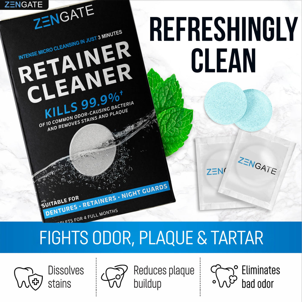Dentures, retainers, and mouth guards soaking in ZENGATE solution