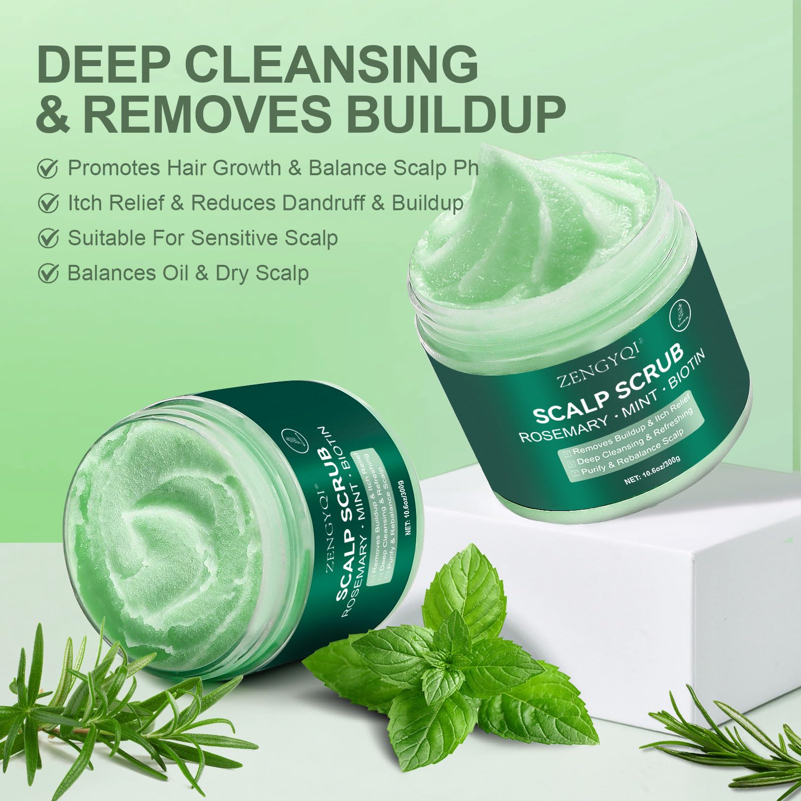 ZENGYQI rosemary-mint oil bottle highlights refreshing, balanced scalp care.