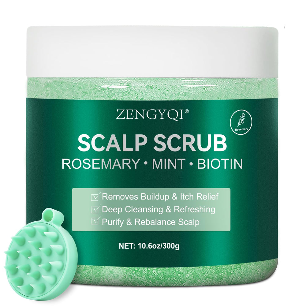 ZENGYQI scalp scrub jar featuring rosemary-mint blend for soothing exfoliation and buildup removal.