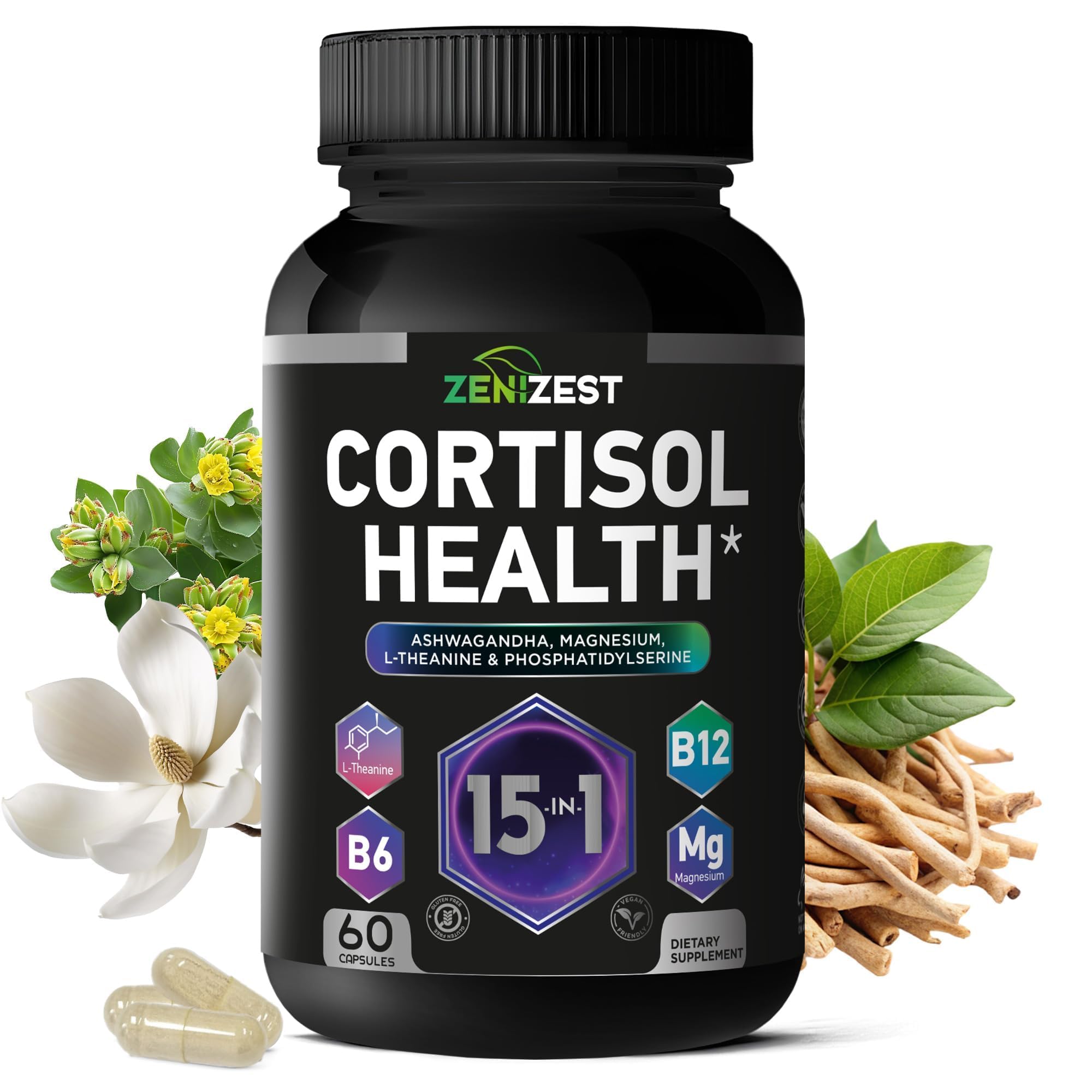 Front view of ZeniZest Cortisol Detox bottle