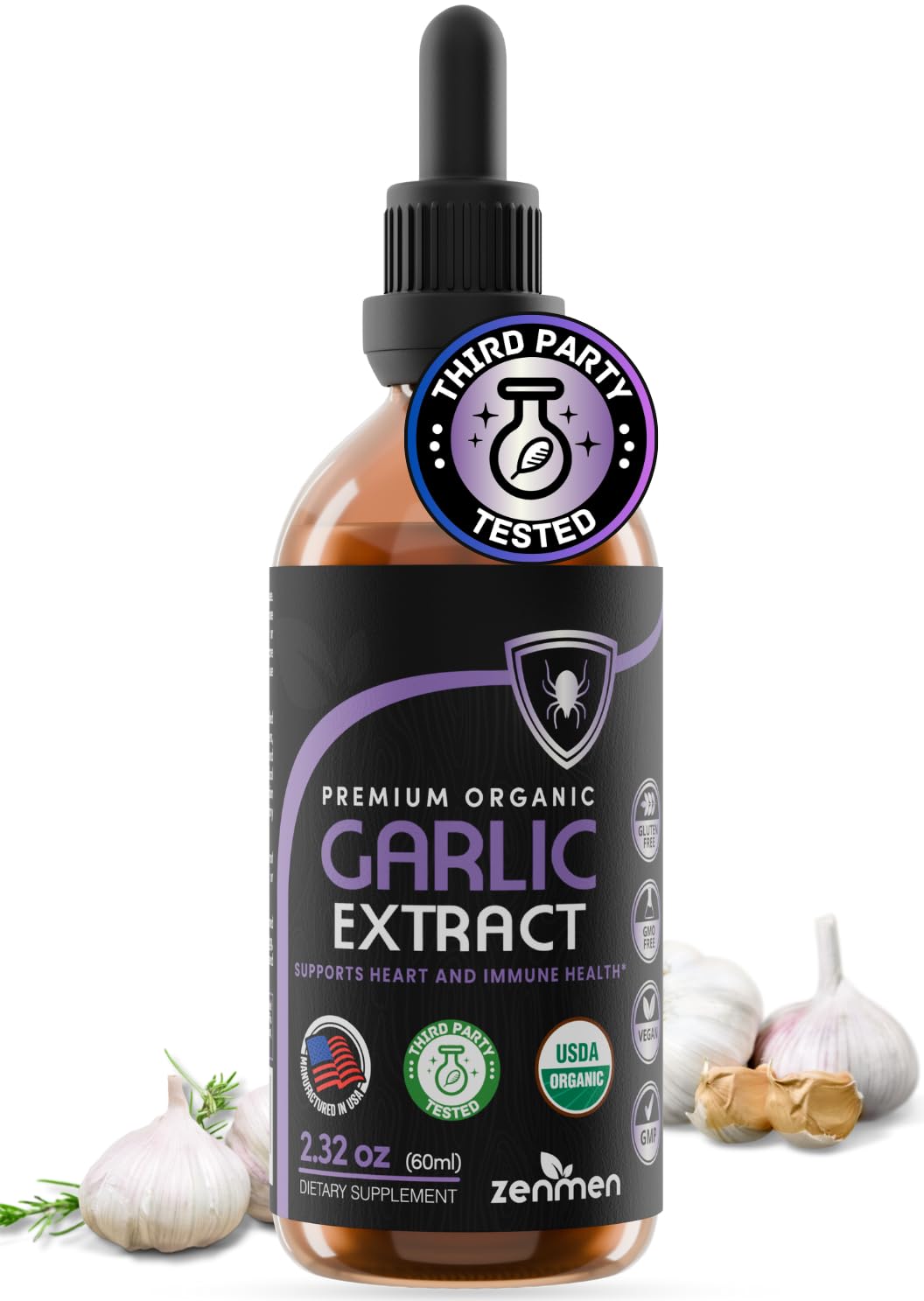 Zenmen Organic Garlic Cloves Extract Odorless Tincture bottle on white background