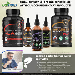 Product packaging and 2.32 oz / 60 ml size of Zenmen garlic tincture