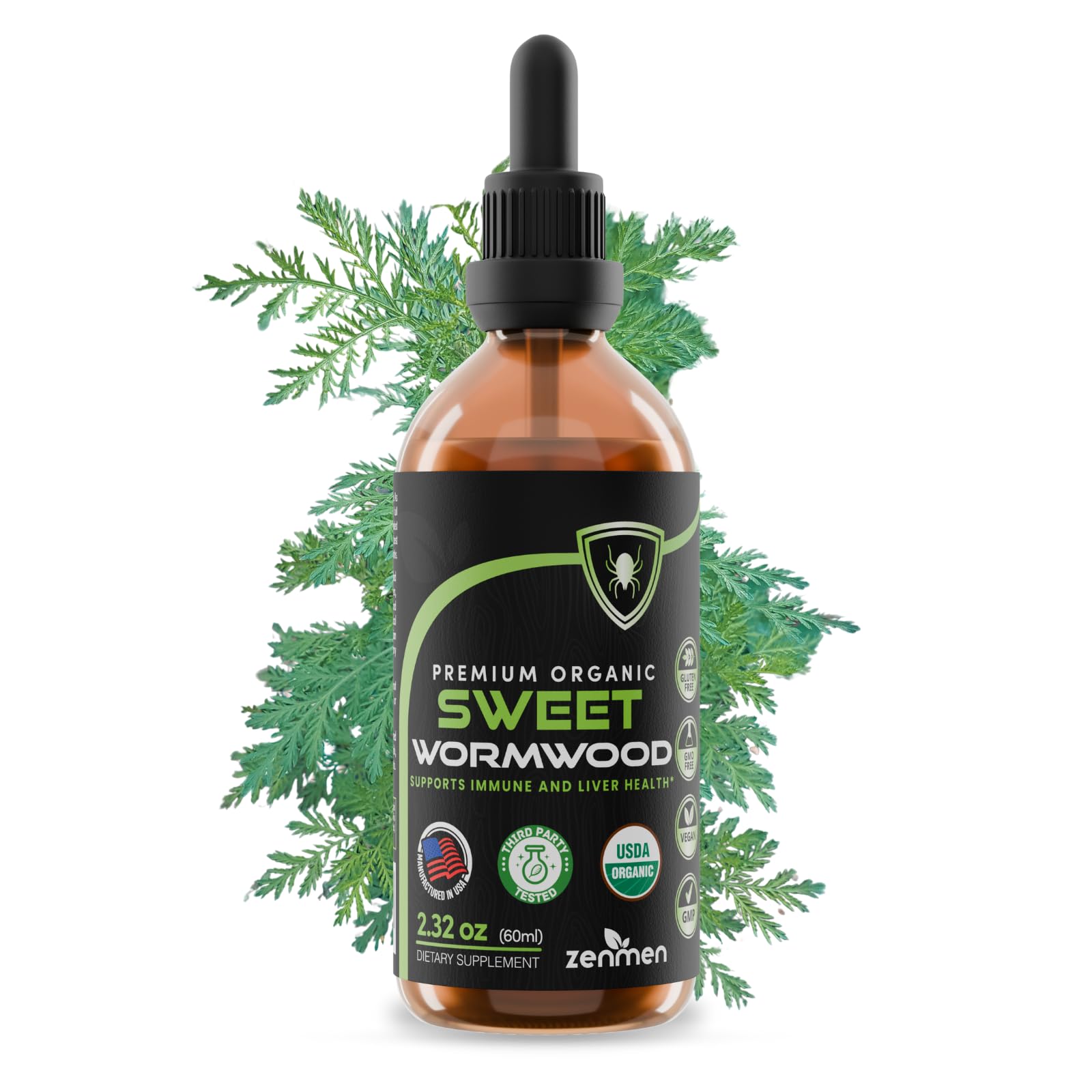 Zenmen Organic Sweet Wormwood tincture bottle with amber glass and label
