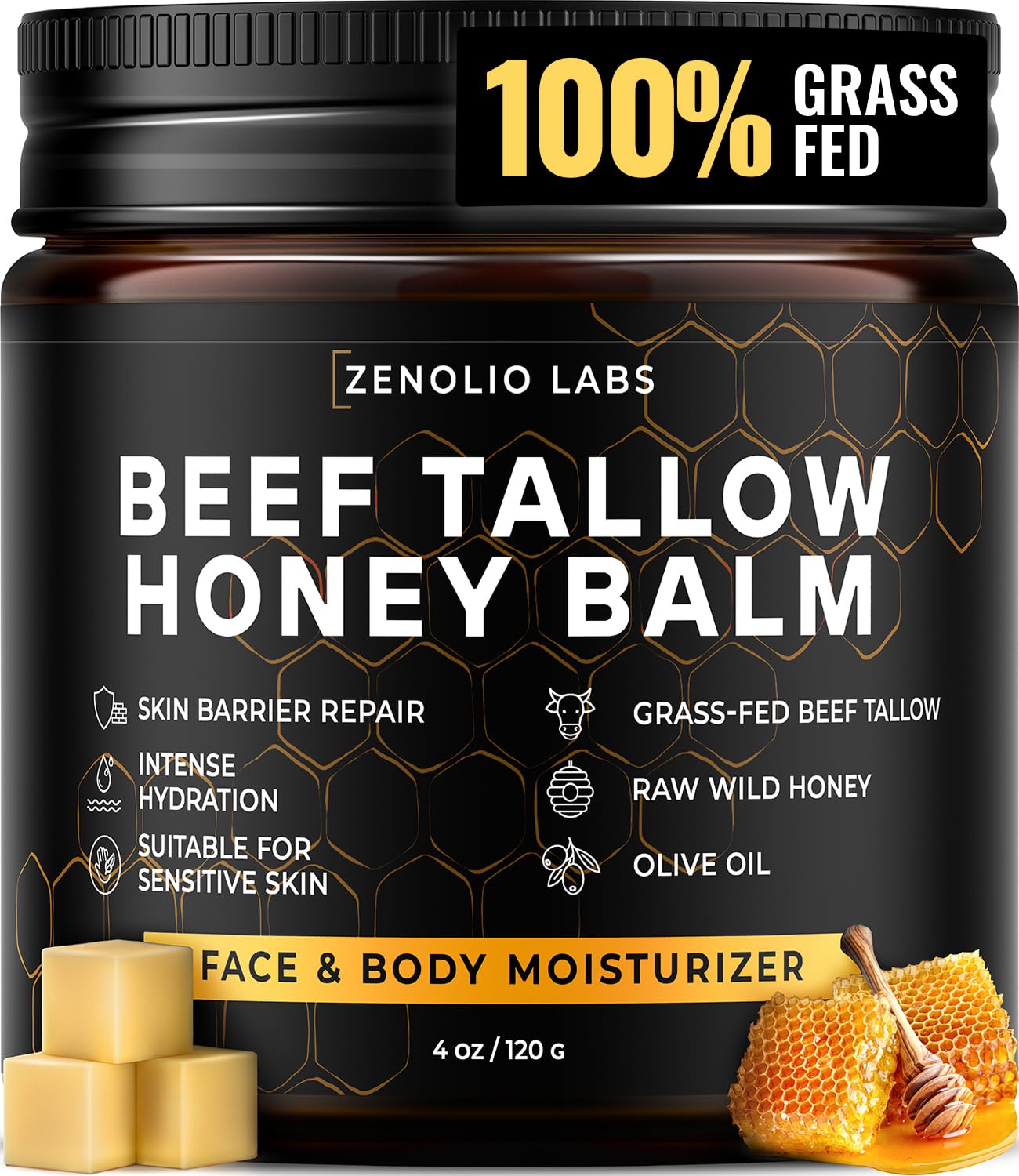 Zenolio Labs organic beef tallow face balm jar for deep hydration and glow.