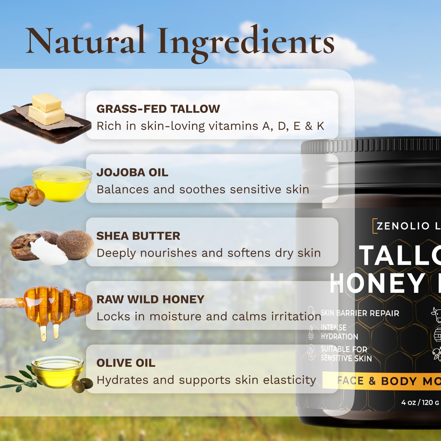Zenolio Labs tallow honey balm texture closeup reveals whipped, silky richness.