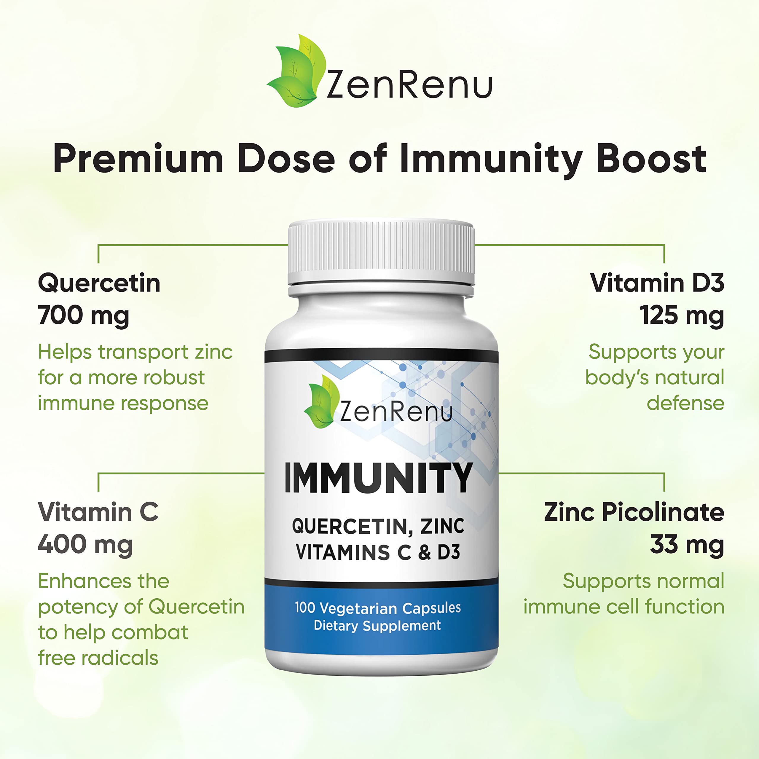 Close-up of Zenrenu label highlighting quercetin, zinc, vitamins C and D3