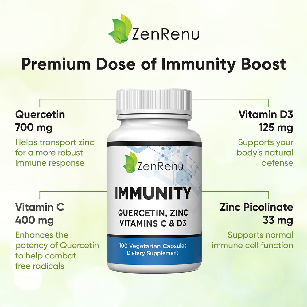 Close-up of Zenrenu label highlighting quercetin, zinc, vitamins C and D3