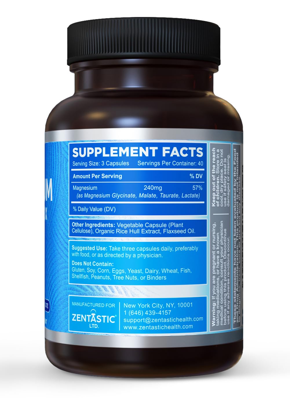 Label highlighting chelated magnesium glycinate, malate, taurate, and lactate
