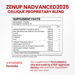 Close-up of NAD+ ingredients: CoQ10, Resveratrol, D-Ribose and PQQ