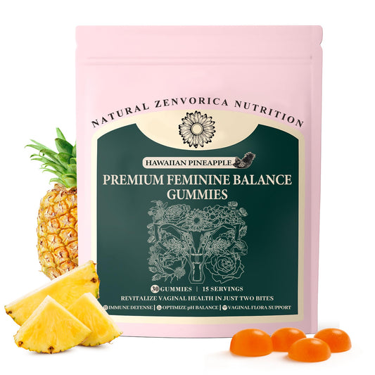 Zenvorica Premium Feminine Balance Gummies bottle with pineapple flavor