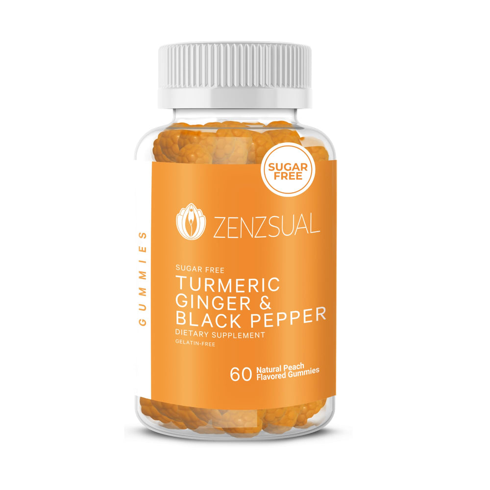Front view of ZENZSUAL Turmeric Ginger Black Pepper Gummies bottle with peach flavor