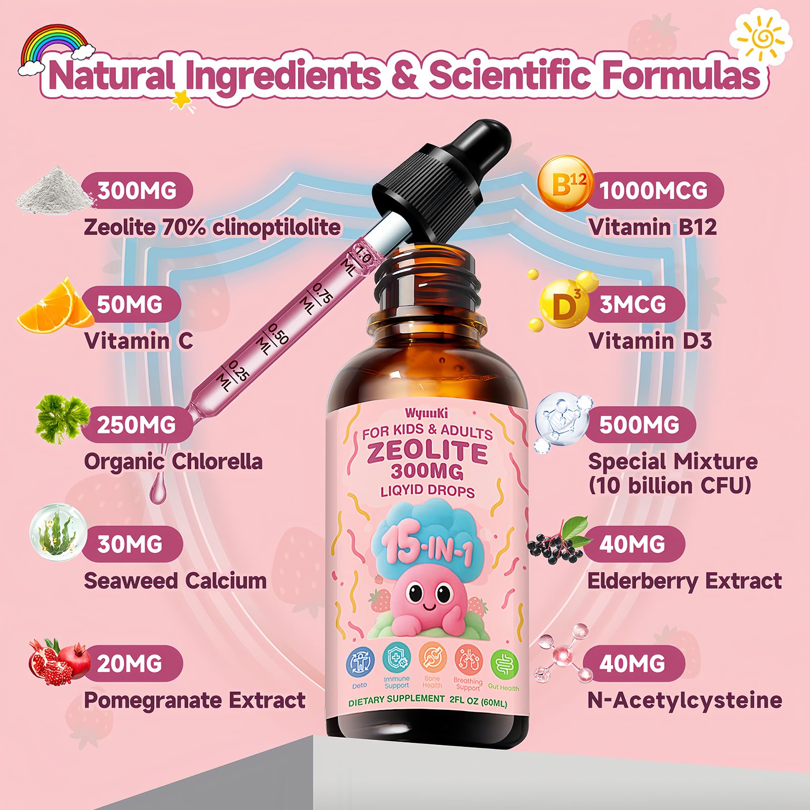 Ingredients highlight: clinoptilolite 300mg, vitamins B12 C D3, prebiotics