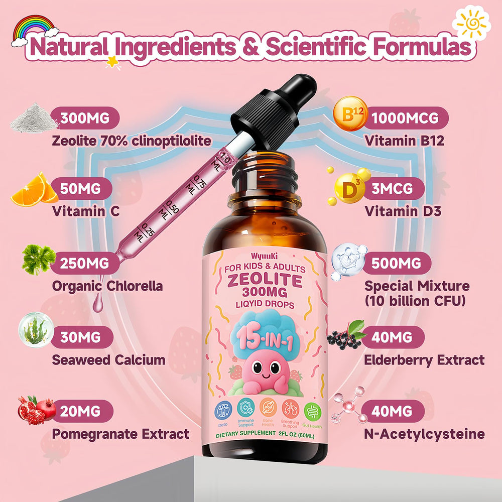 Ingredients highlight: clinoptilolite 300mg, vitamins B12 C D3, prebiotics
