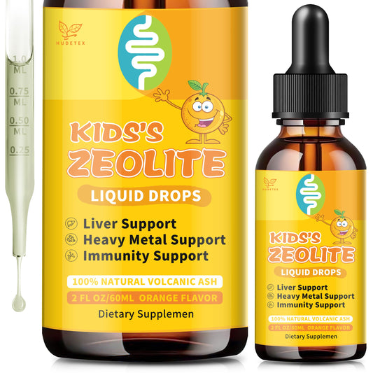 Front view of Zeolite Drops for Kids orange flavor bottle