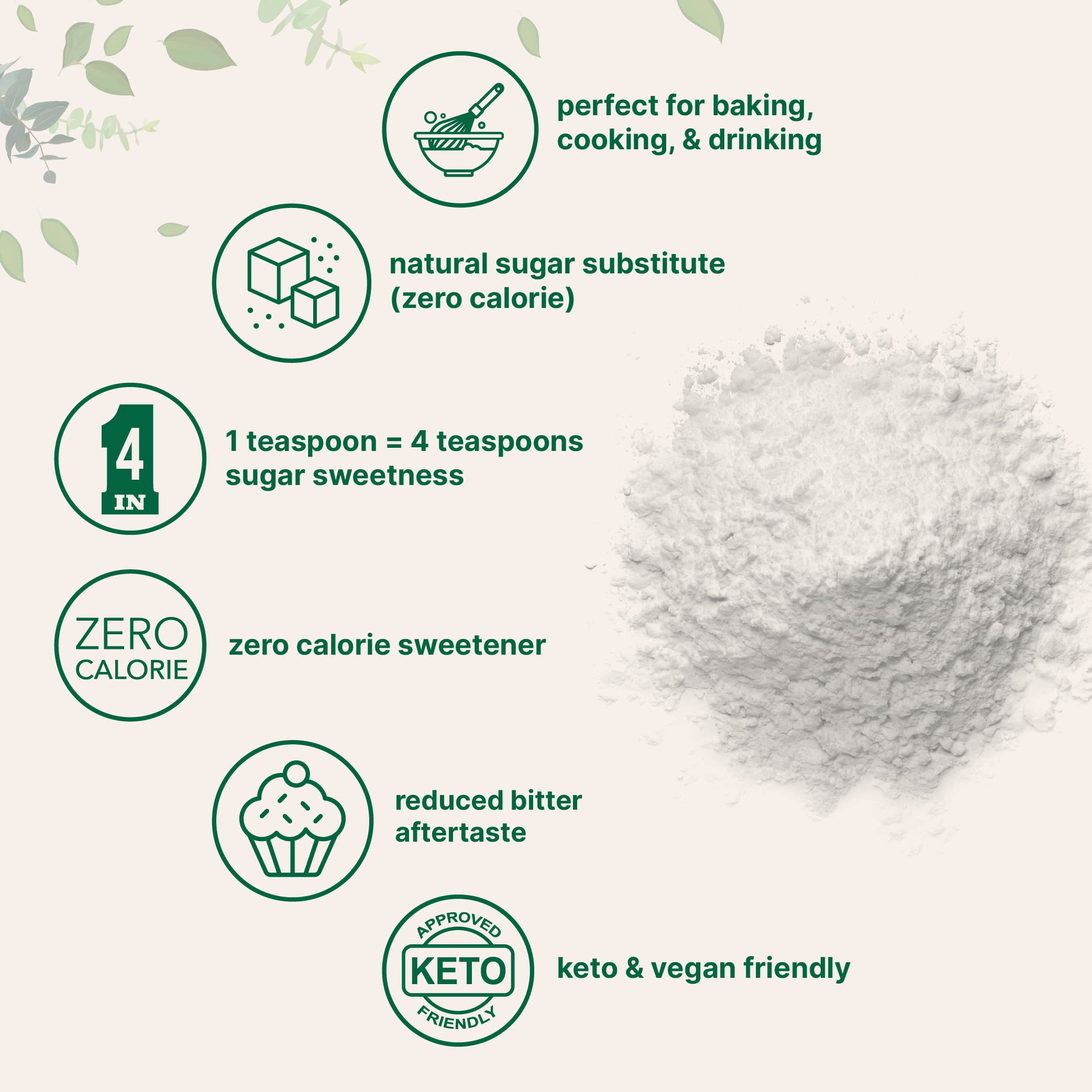 Zero calorie keto friendly sugar substitute made from stevia and erythritol
