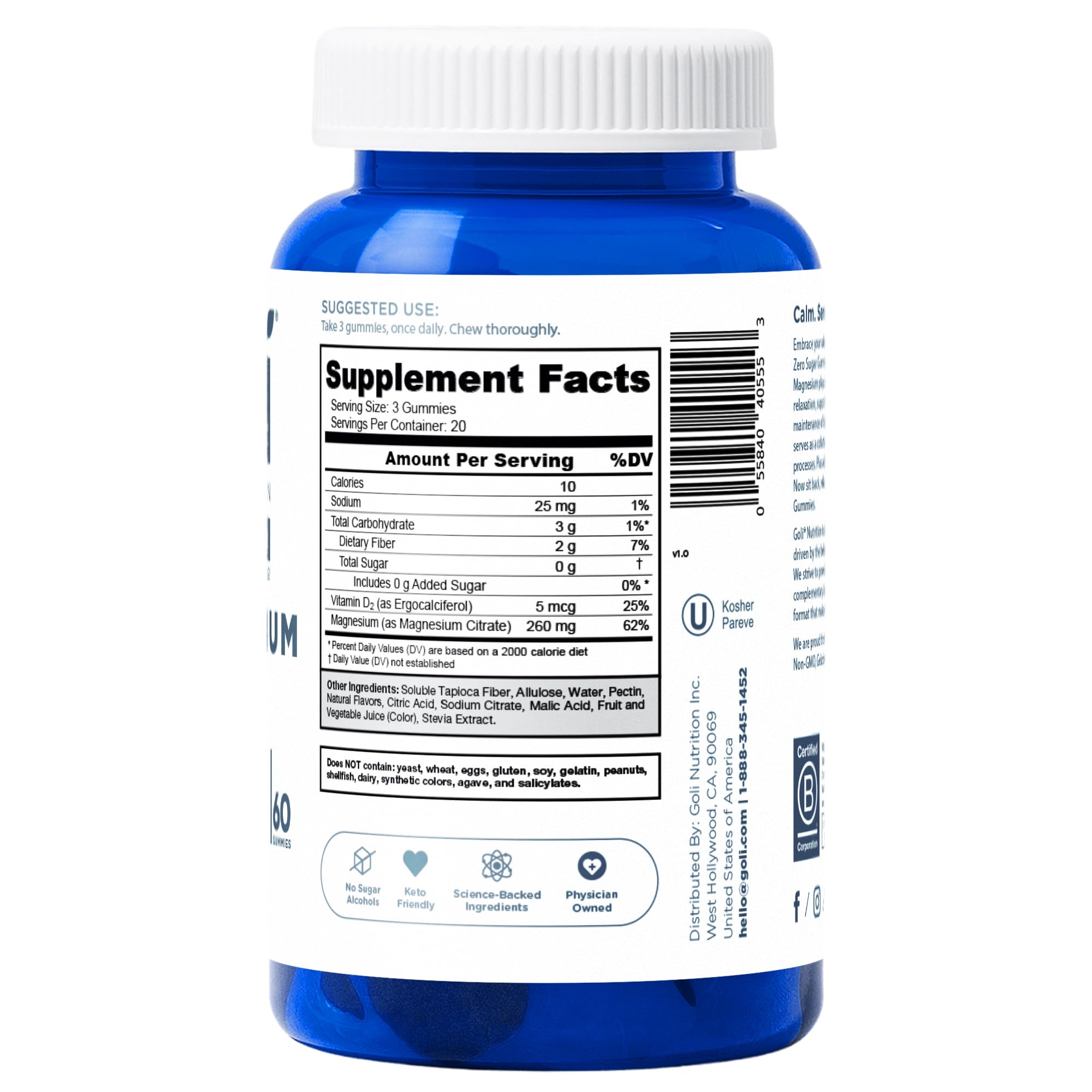 Zero Sugar Goli Magnesium Gummies packaging showing vegan, gluten-free and gelatin-free attributes