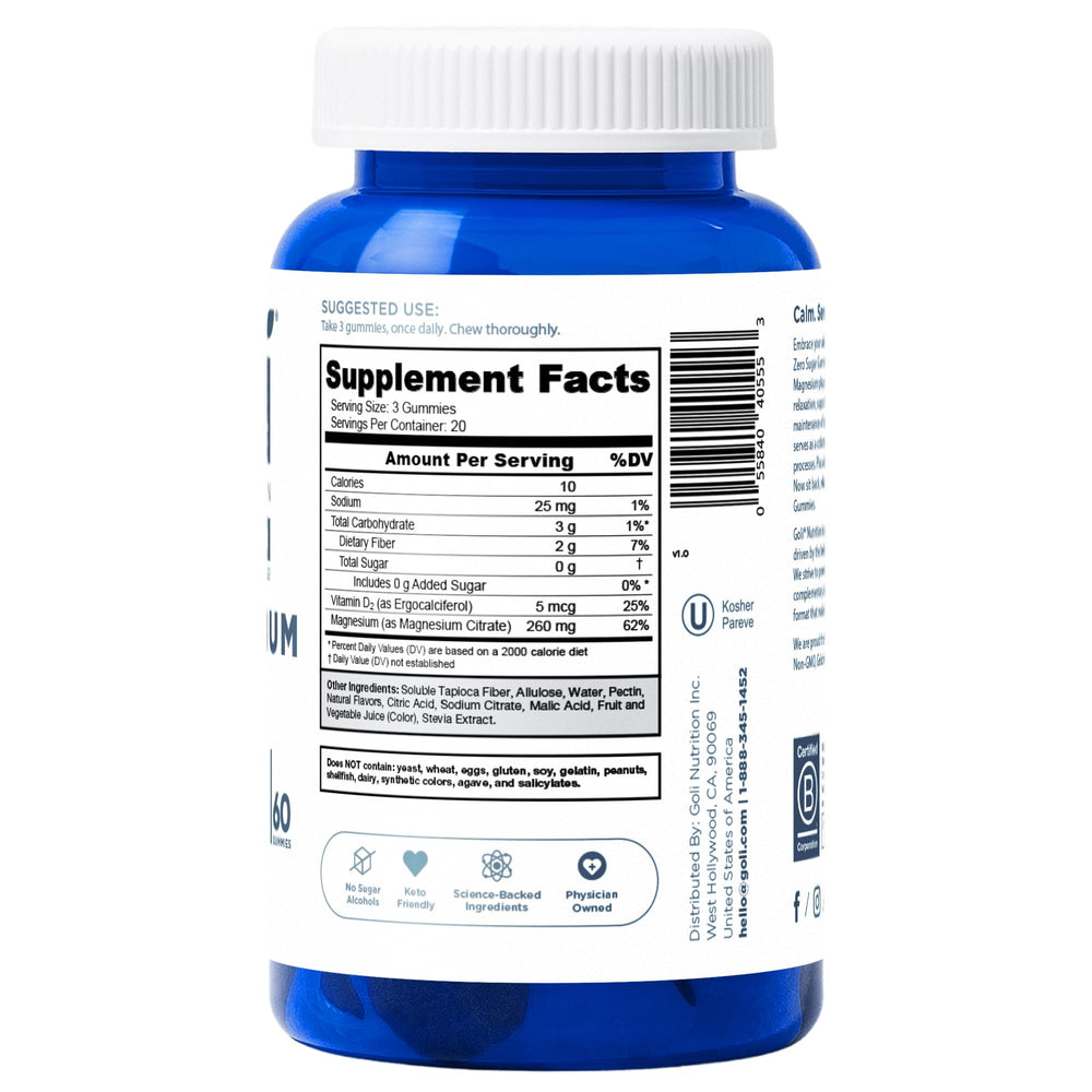 Zero Sugar Goli Magnesium Gummies packaging showing vegan, gluten-free and gelatin-free attributes