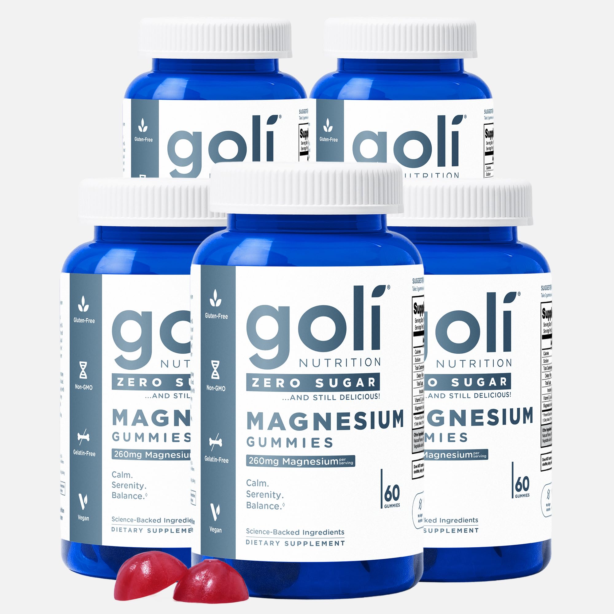 Zero Sugar Goli Magnesium Gummies with 260mg Magnesium, Vitamin D, vegan, gelatin-free, gluten-free, non-GMO