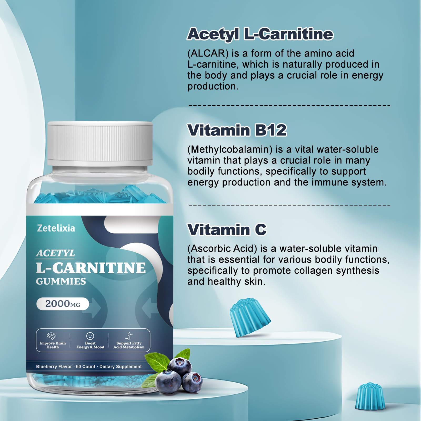 Nutrition facts and ingredients panel for Zetelixia ALCAR gummies