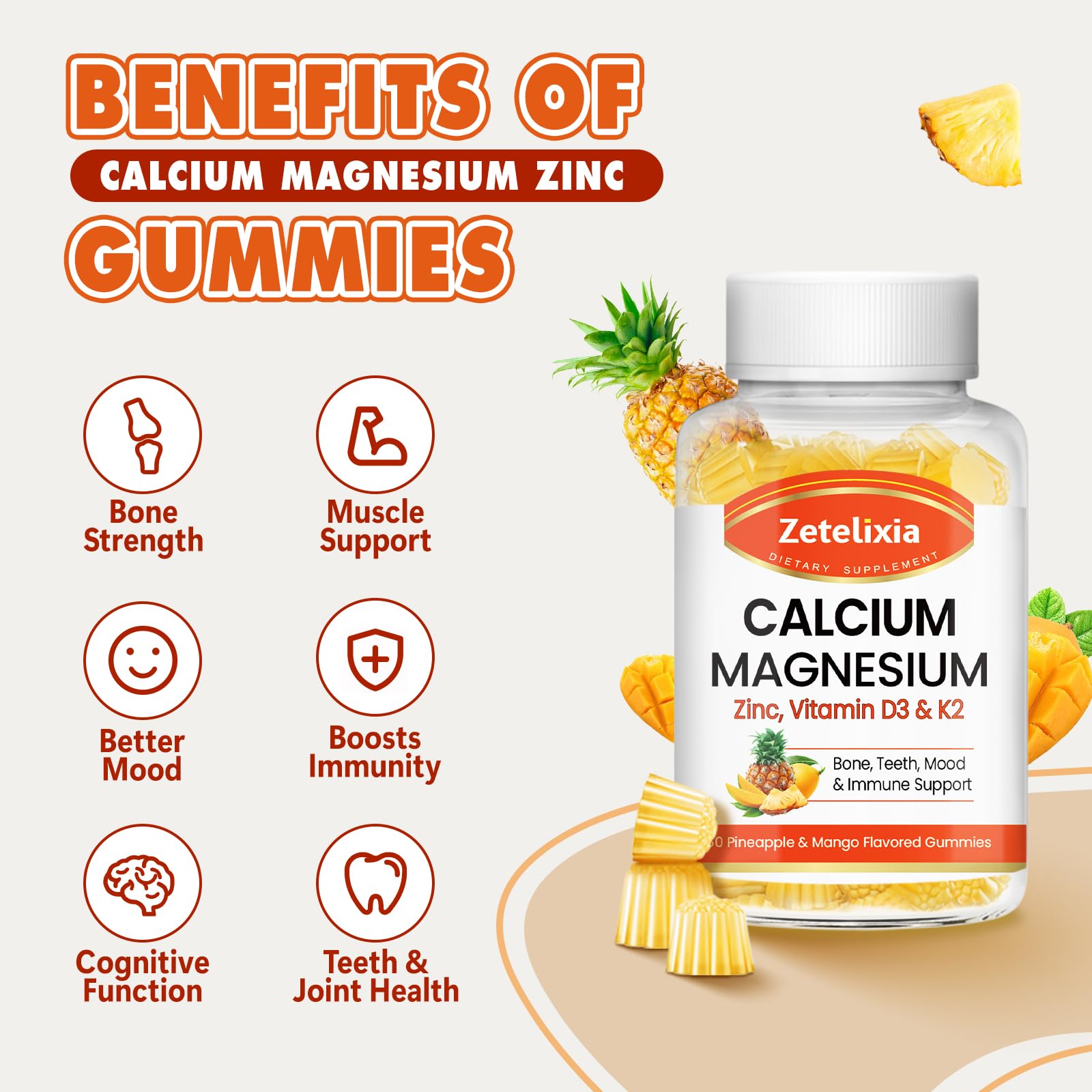 Zetelixia Calcium Gummies pineapple mango flavor