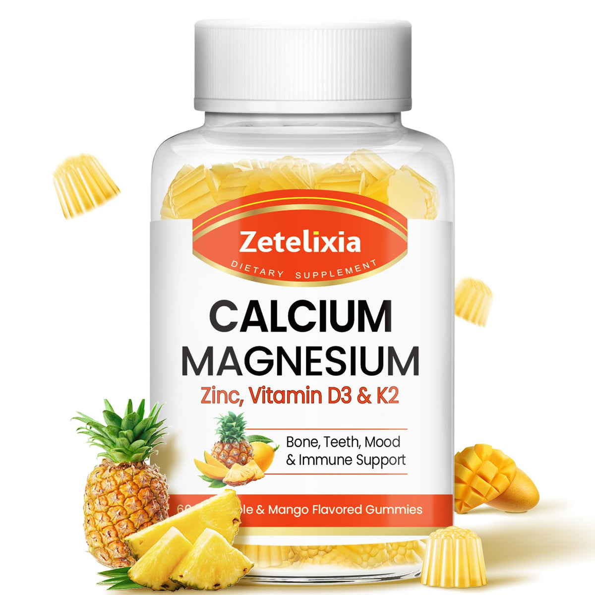 Front view of Zetelixia Calcium Gummies bottle with Pineapple Mango flavor
