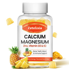 Front view of Zetelixia Calcium Gummies bottle with Pineapple Mango flavor