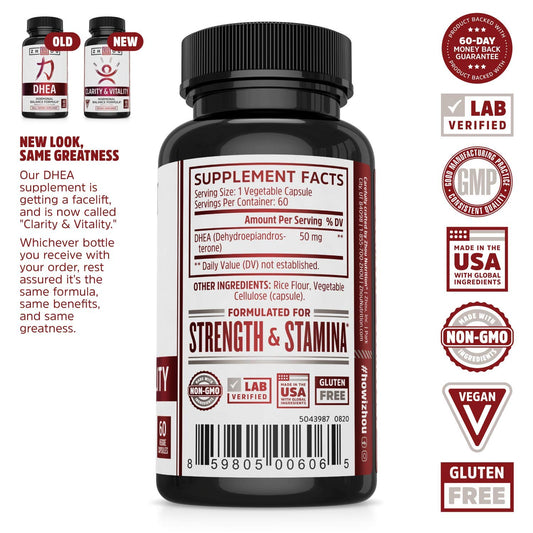 Close-up of DHEA 50mg vegan veggie capsules