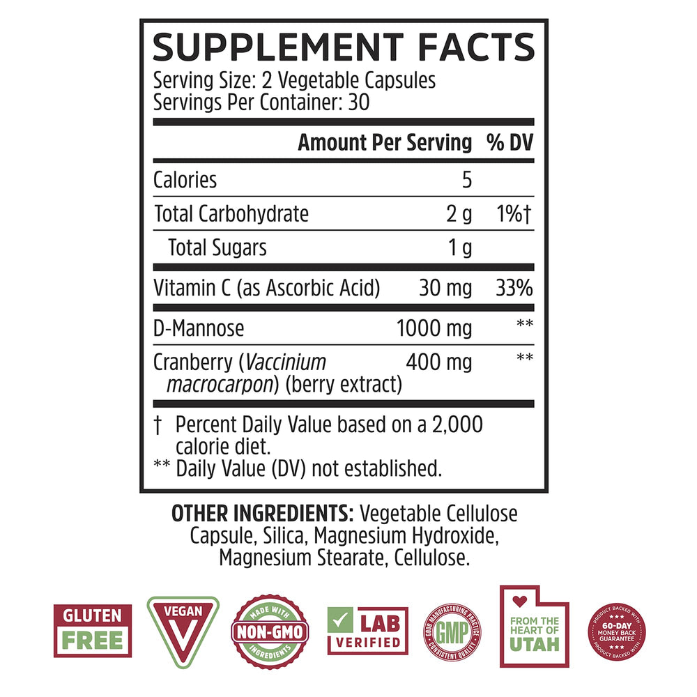 Close-up of Cran-Defense capsules showing 1000 mg D-Mannose per capsule