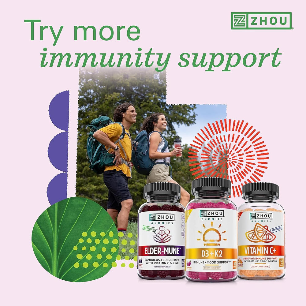 Two Zhou D3+K2 vegetarian supplement bottles on a white surface