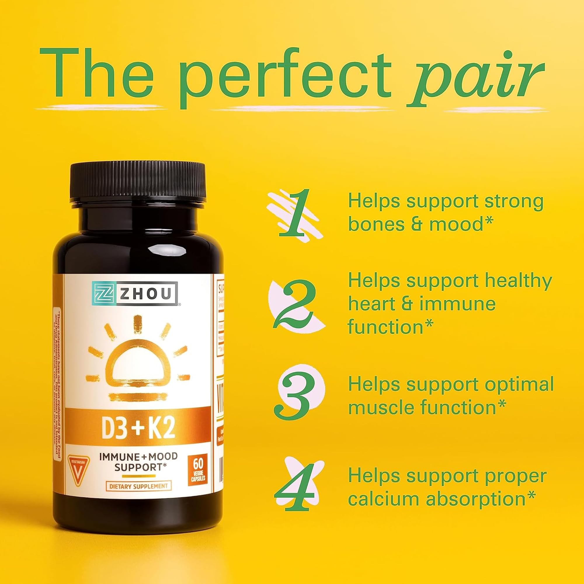 ZHOU D3+K2 bottle pour highlights the vitamin D and MK-7 synergy.