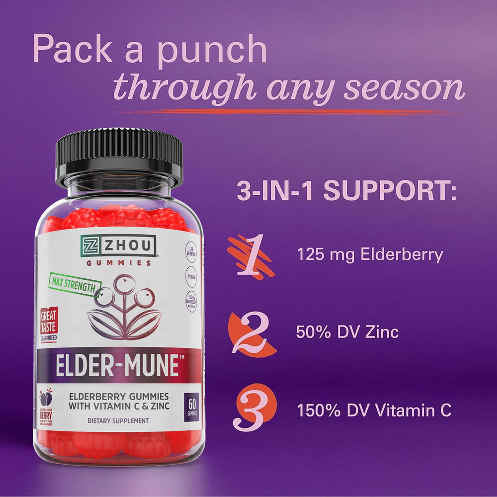 Ingredients label close-up showing elderberry, Vitamin C, and Zinc