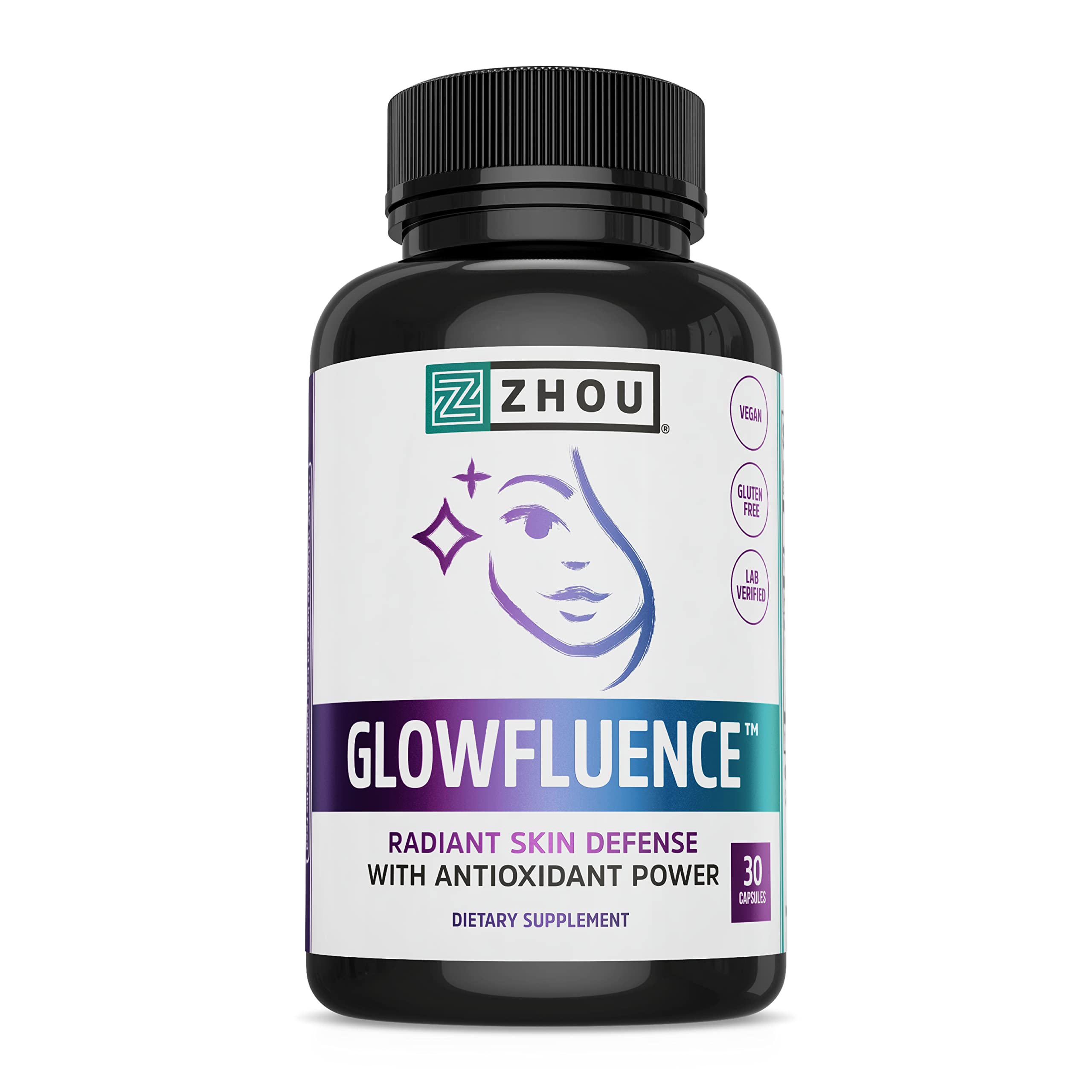 Zhou Glowfluence bottle front view with label on white background