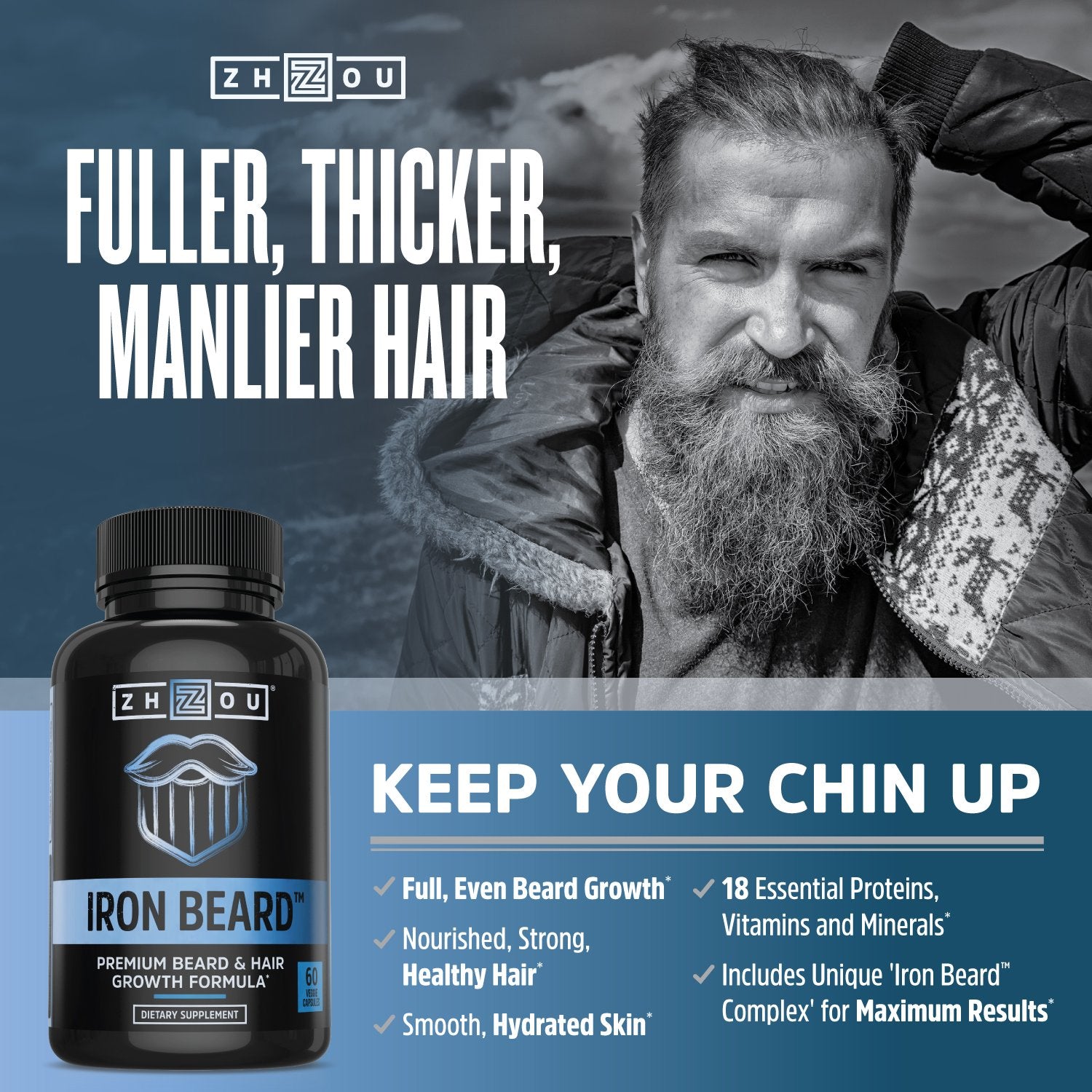 Close-up of Zhou Iron Beard capsules with ingredients such as biotin and saw palmetto