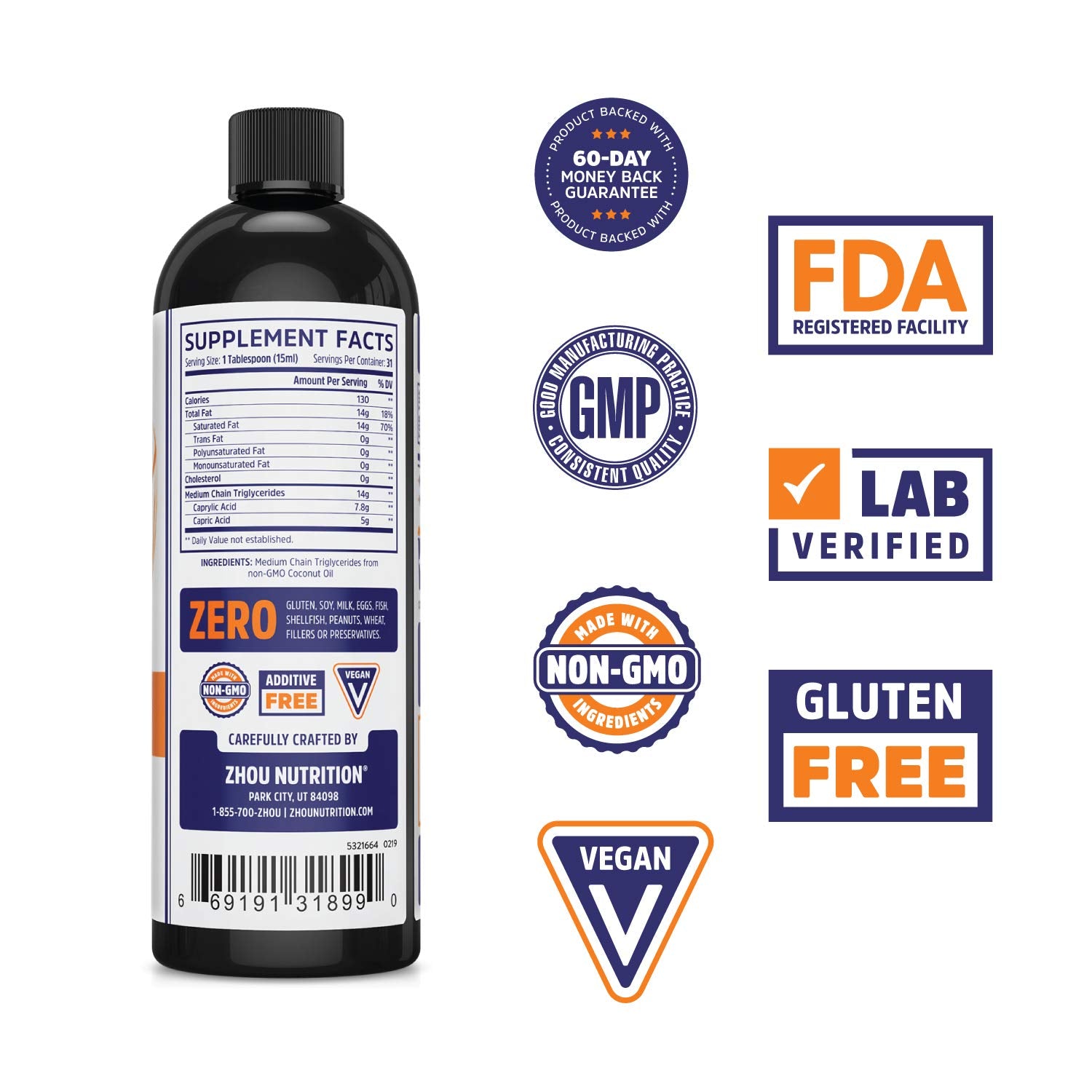 Back label of Zhou MCT Oil bottle showing ingredients and nutrition