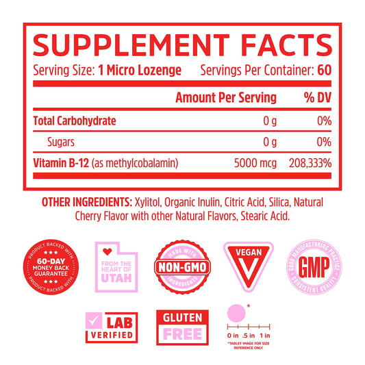 Close-up of methylcobalamin 5000 mcg B12 ingredients