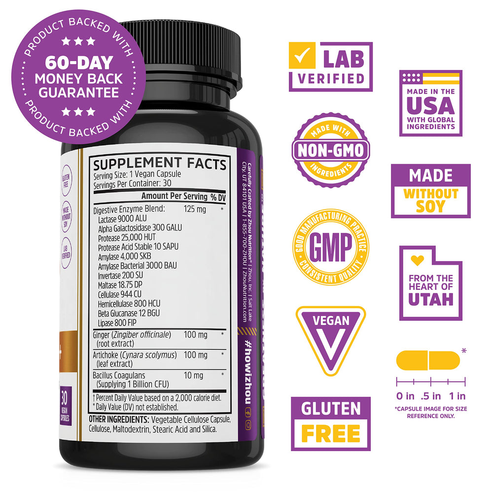 Close-up of Bloat Blast+ label highlighting digestive enzymes and probiotics