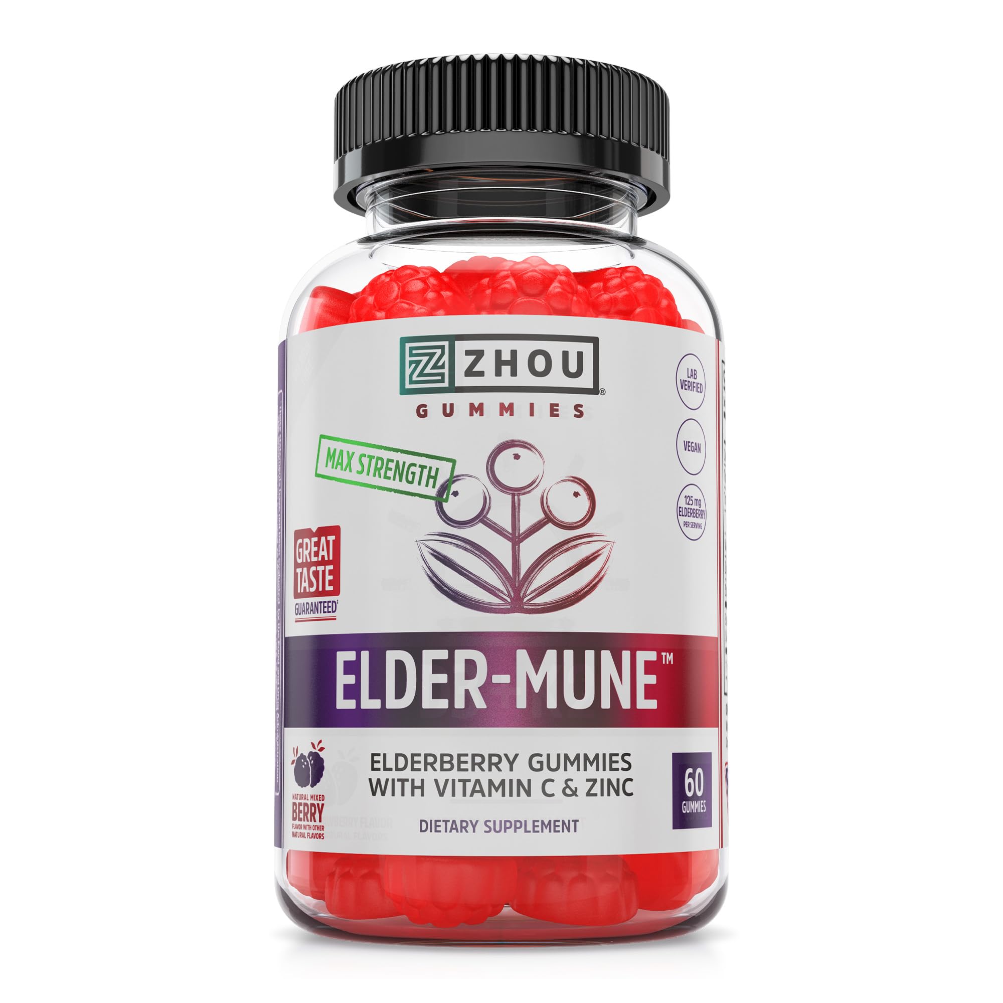 Front label of ZHOU Nutrition Elder-Mune Sambucus Elderberry Gummies with Zinc and Vitamin C