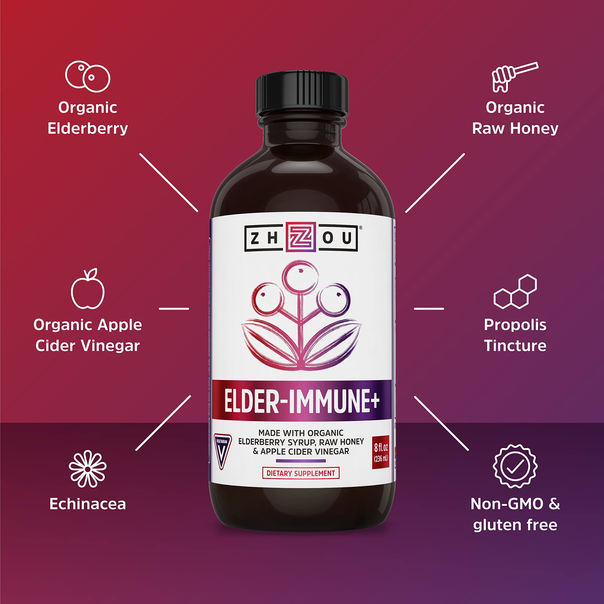8 oz glass bottle of elderberry immune syrup