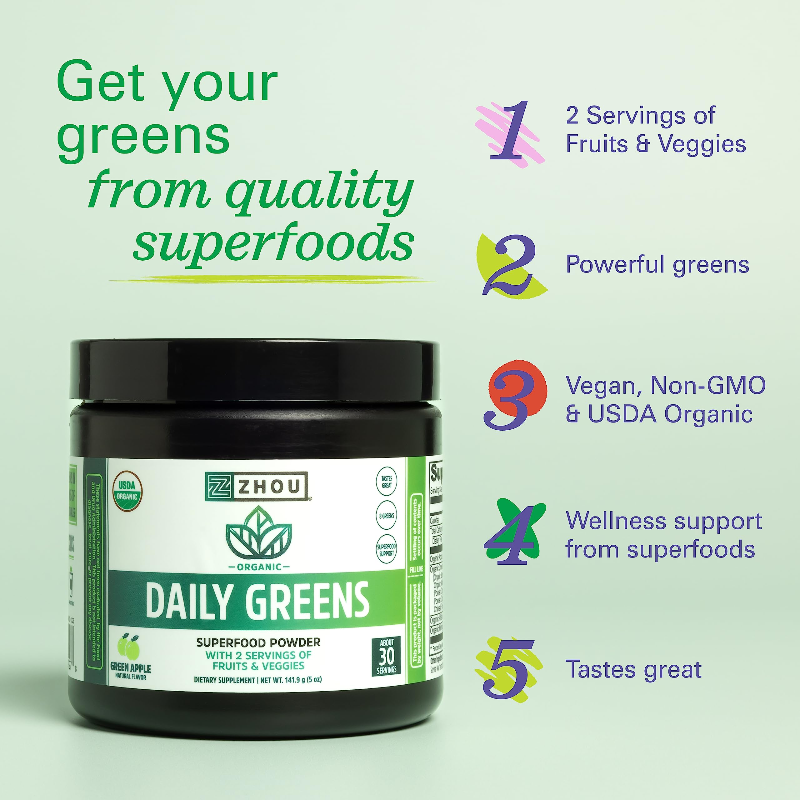 Close-up of spirulina, chlorella, kale and wheatgrass ingredients