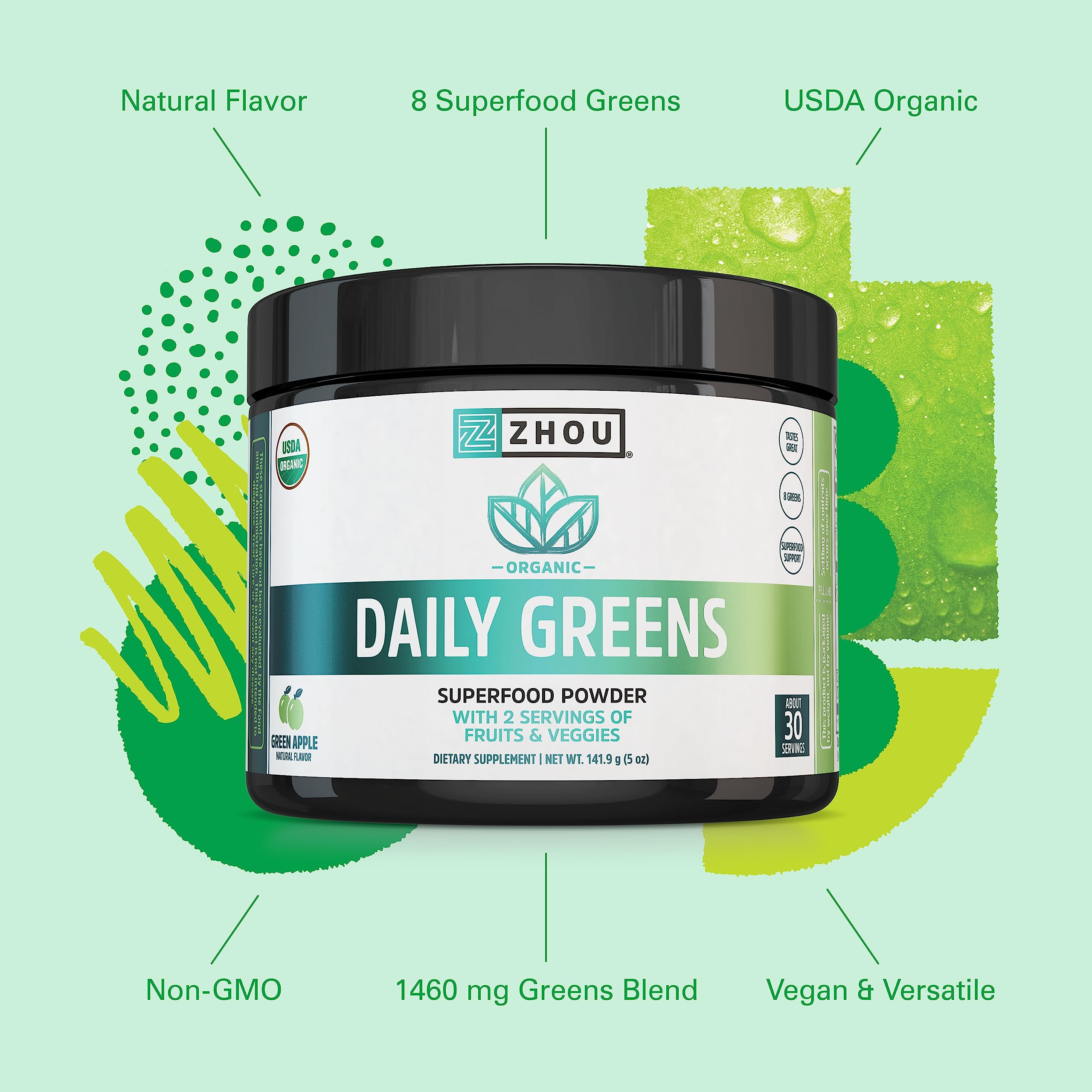 Pouring Zhou Supergreens powder into a glass