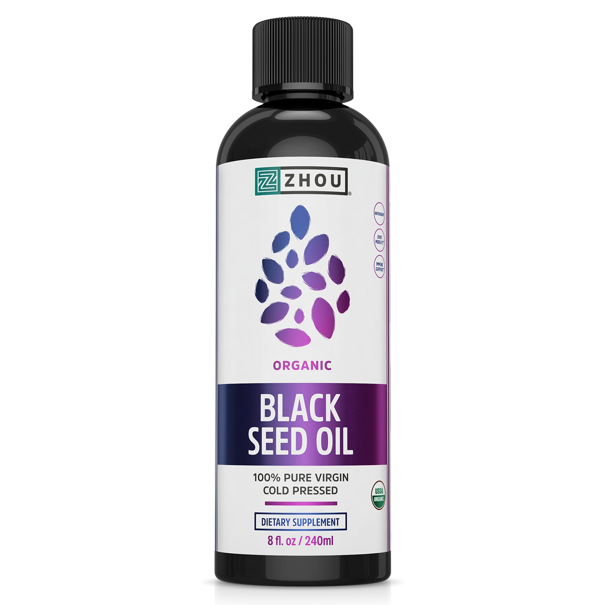 Front view of Zhou Organic Black Seed Oil 8 oz bottle