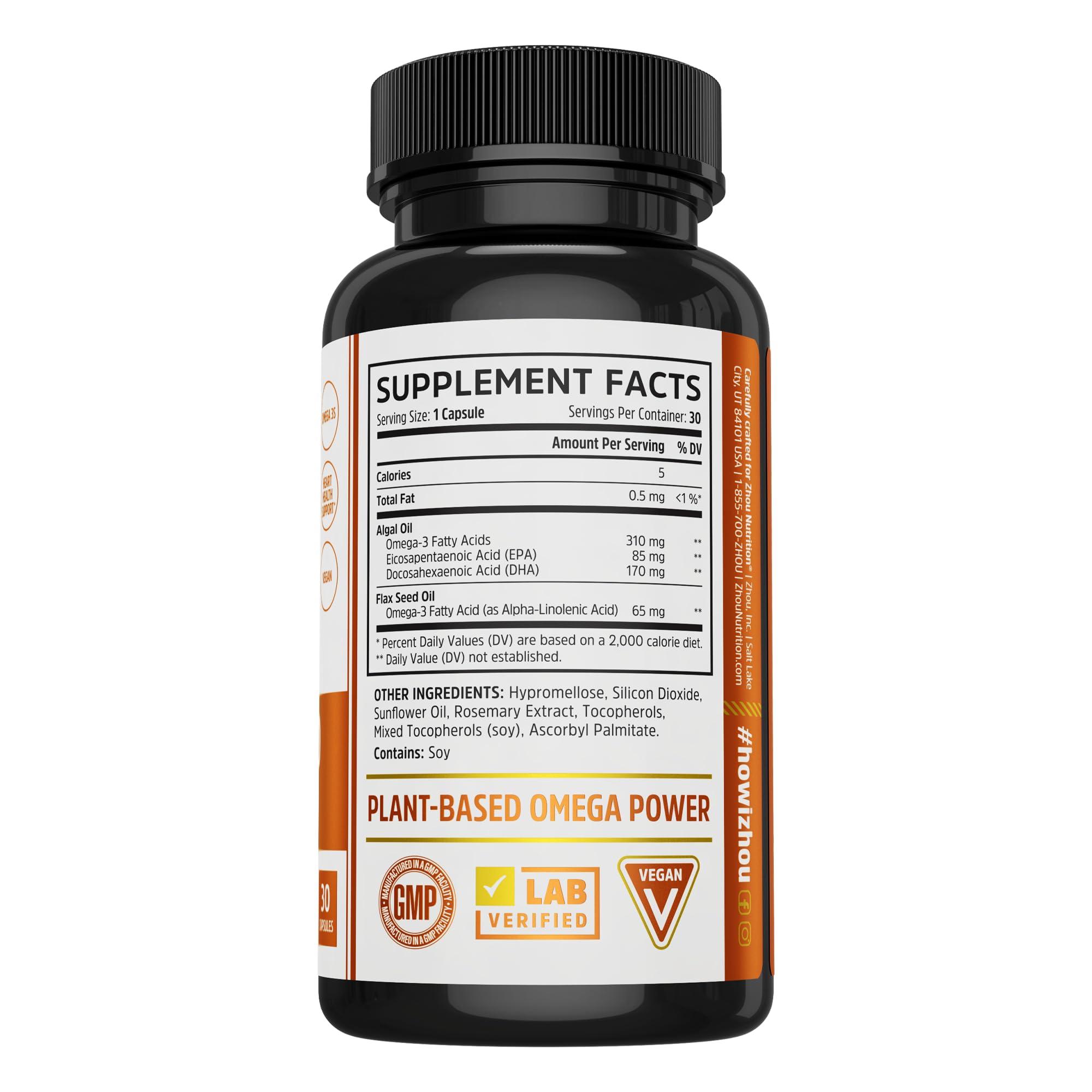 Back label of Zhou Plant-Based Omegas bottle