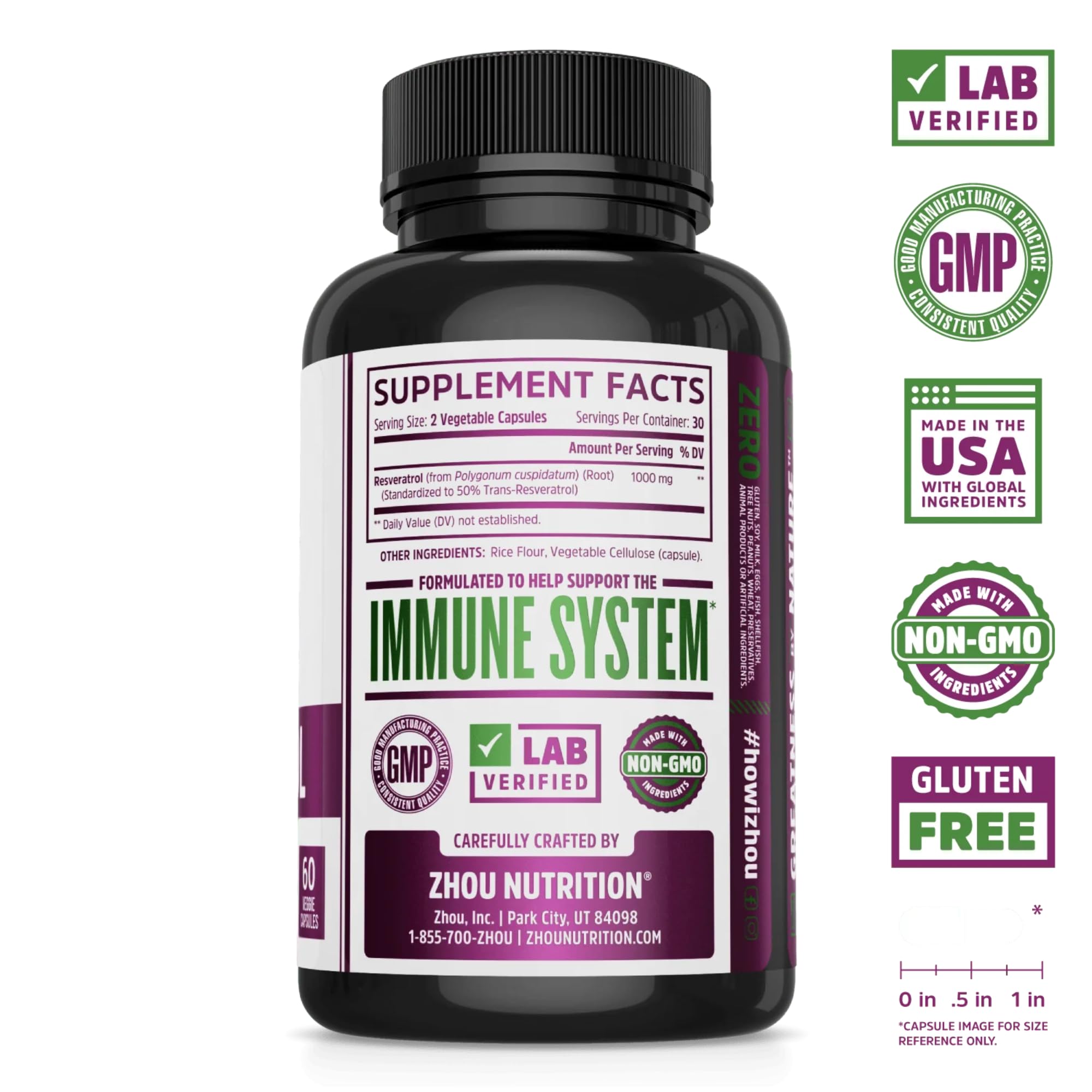 ZHOU Resveratrol 60 veggie caps bottle front view