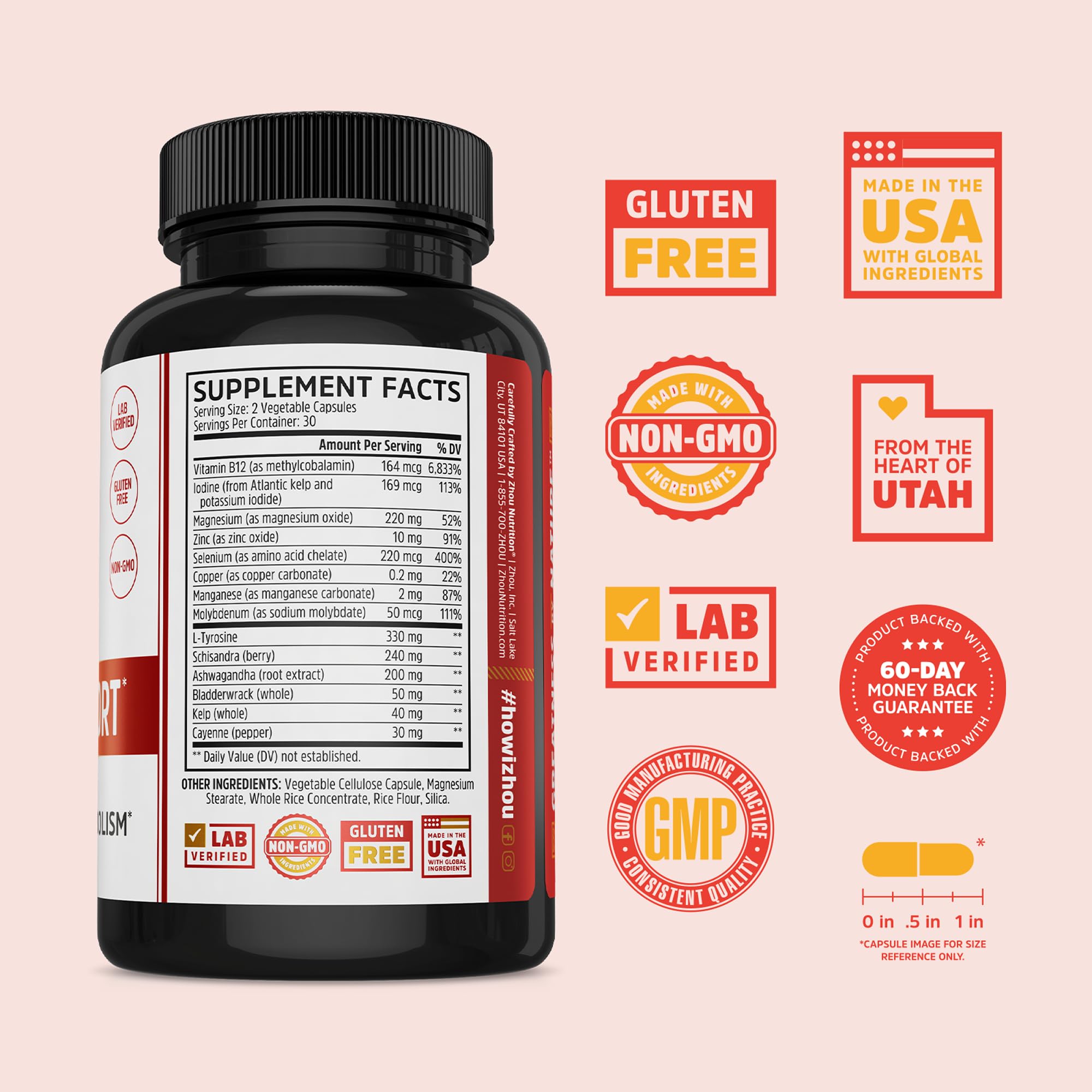ZHOU Thyroid Support bottle side reveals supplement facts and vegan capsules