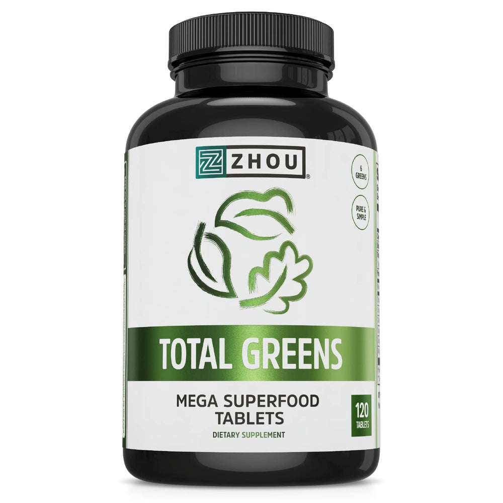 Zhou Total Greens hero image showing bottle and tablets