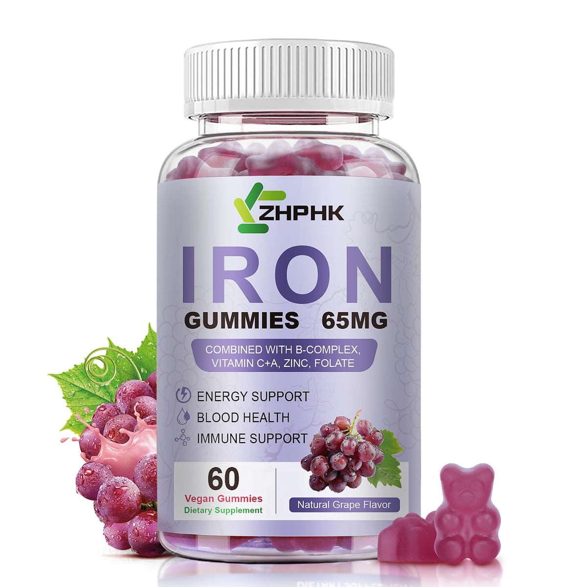 ZHPHK Iron Gummies bottle – grape flavor, 60 count