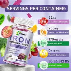 Nutritional facts label on ZHPHK Iron Gummies bottle