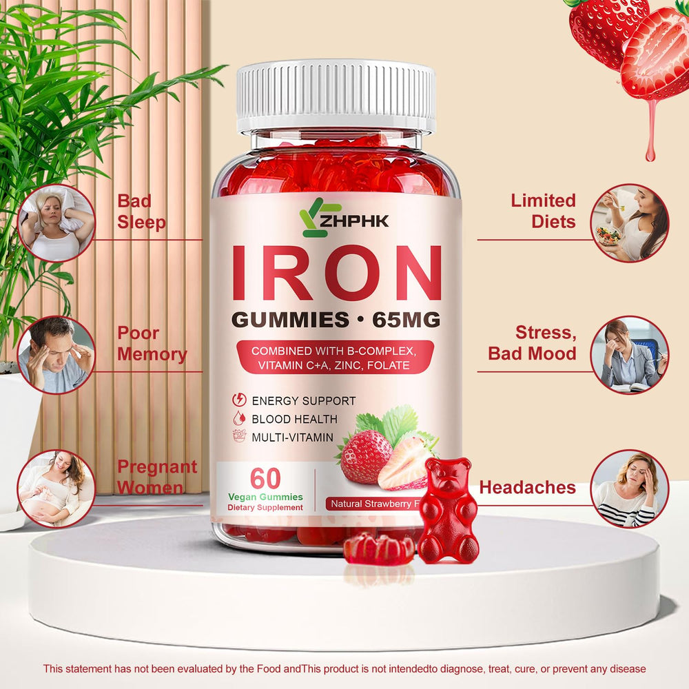 Vegan, gluten-free, non-GMO labeling on ZHPHK Iron Gummies
